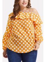 Yellow Polka Dot One Shoulder Ruffles Casual Plus Size Blouse