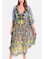 Yellow Tribal Print Tassels Tied V Neck Casual Chiffon Cover Up
