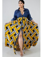 Yellow Tribal Print Button Up Casual Plus Size Maxi Shirt Dress