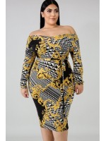 Yellow Tribal Print Long Sleeve Sexy Plus Size Bodycon Dress